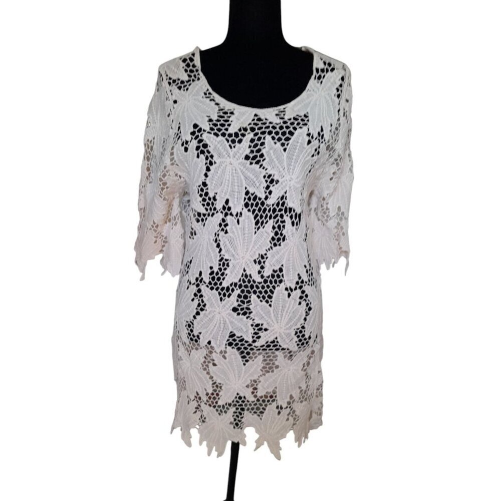 Floral Lace Womens Size Medium Sheer Fairycore Dress Cream